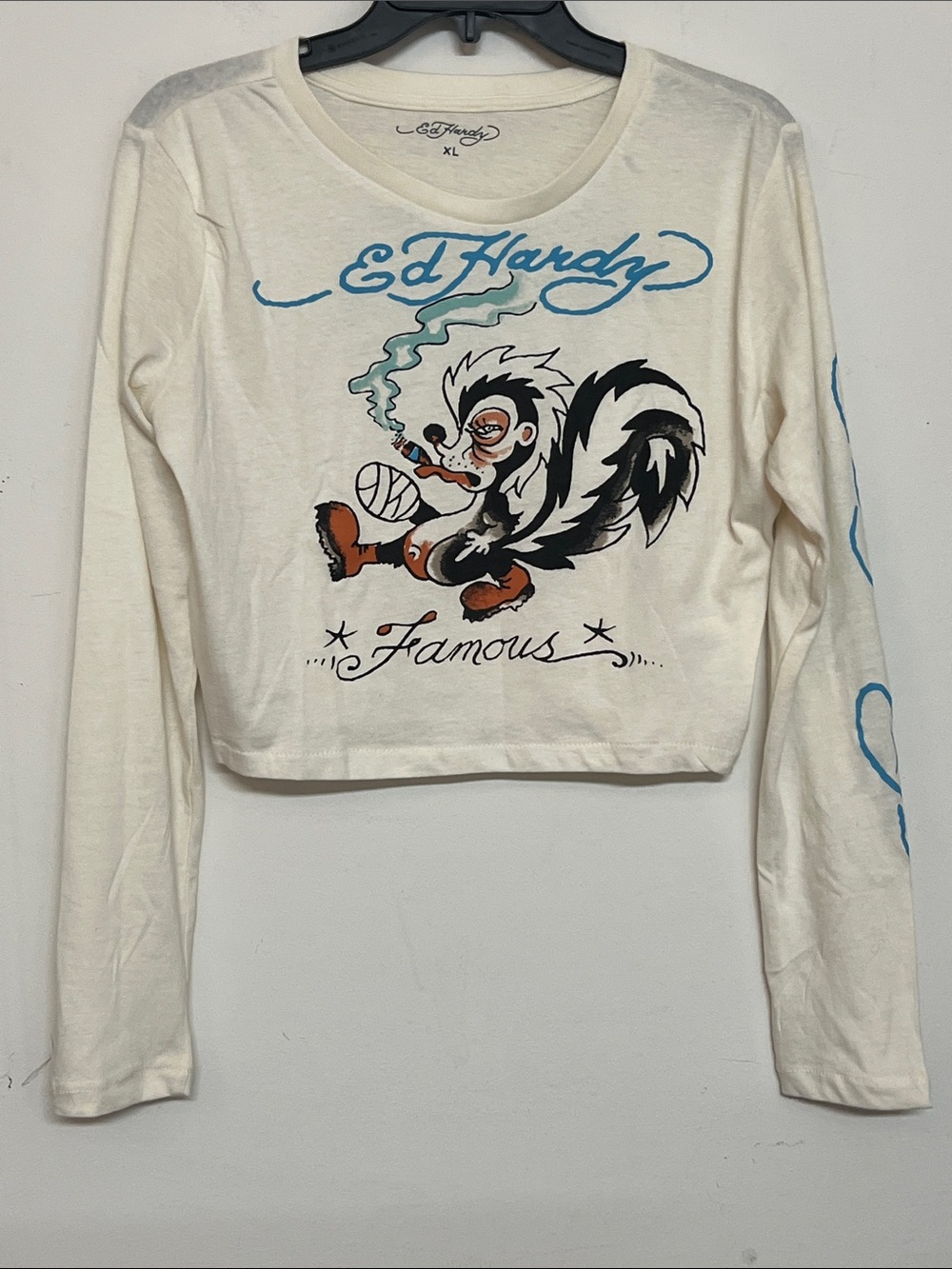 🌞 Ed Hardy Cream Long-Sleeve Famous Graphic Crop Top w/Skunk Motif women size XL